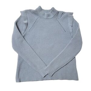 ABSOLUTELY‎ Light Blue Ribbed Mock Neck Ruffle Shoulder Sweater Feminine